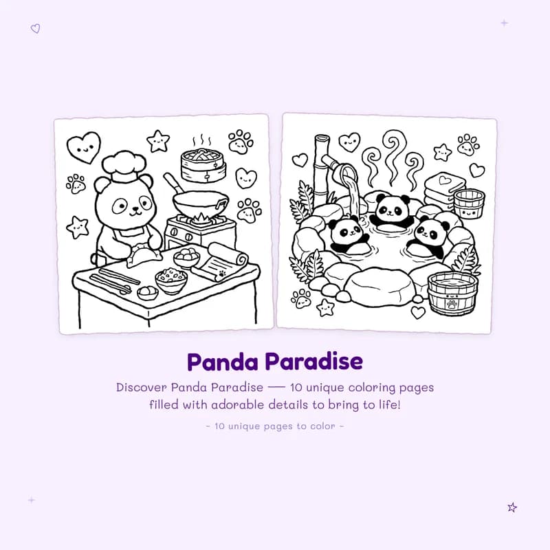 Panda Paradise coloring book preview with text about bold outlines and easy designs for stress free coloring