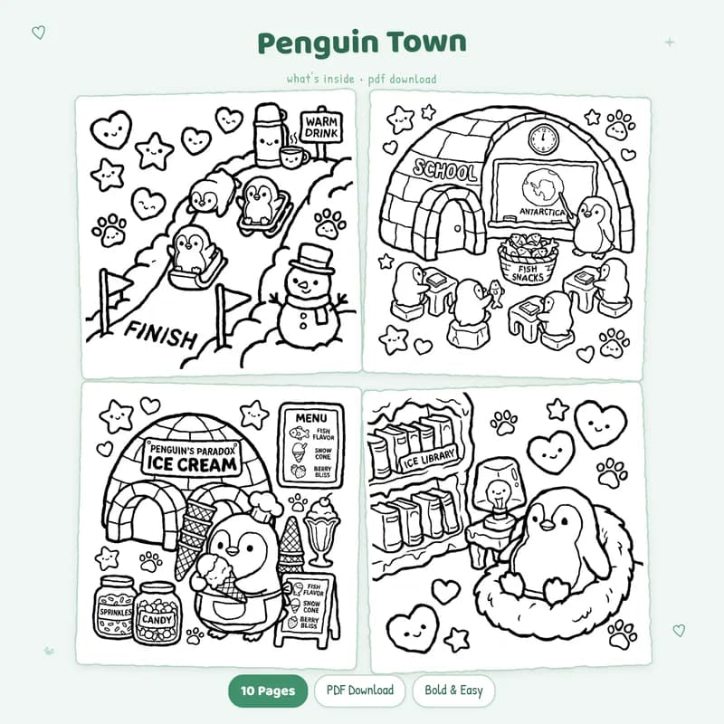 A four page grid showing cute Penguin Town coloring pages with adorable animal characters in black and white line art