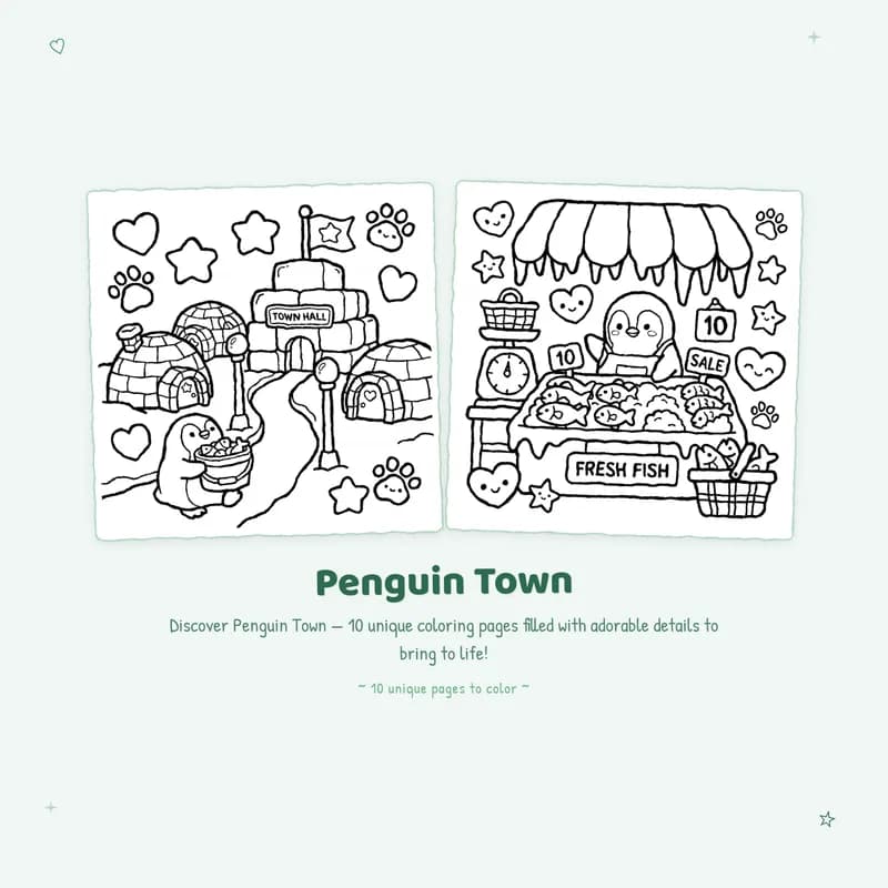 Easy Penguin Town coloring book pages with bold outlines and simple designs perfect for stress free animal life coloring