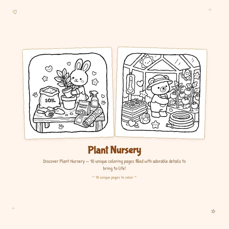 Cozy plant nursery coloring book designs with bold outlines and easy to color simple indoor garden scenes