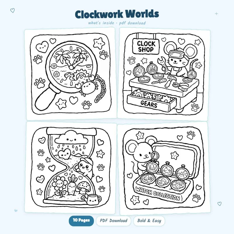 Four black and white coloring pages from the Clockwork Worlds collection showing miniature art
