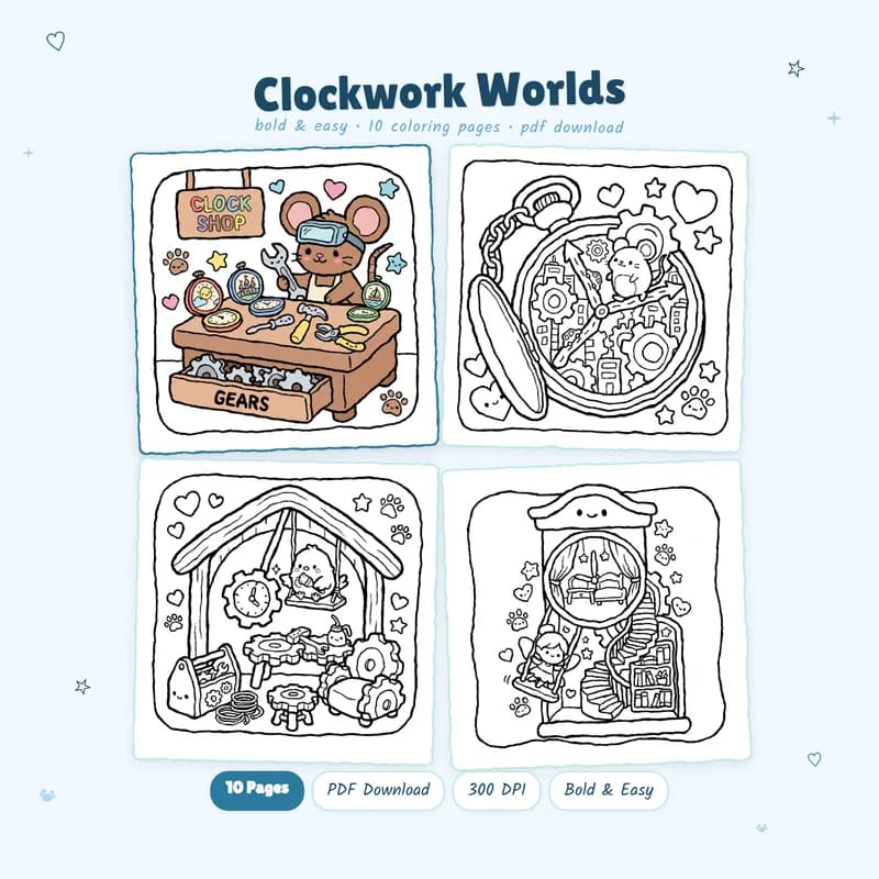 Clockwork Worlds coloring book by MiyoPages showing a colored sample and miniature art preview pages