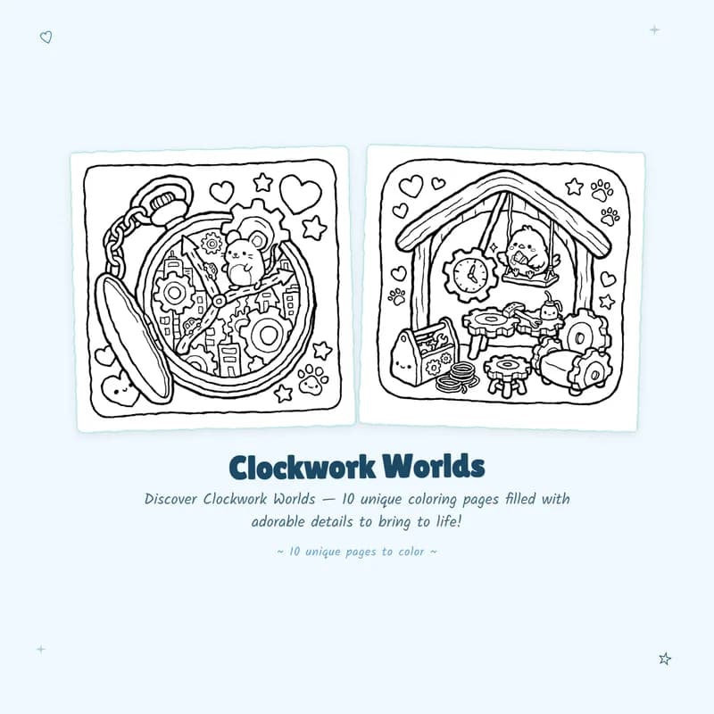 Clockwork Worlds coloring book pages featuring bold outlines and easy miniature art designs