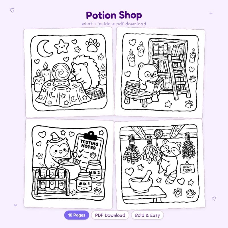 A grid showing four black and white Potion Shop coloring pages with cute magical fantasy illustrations
