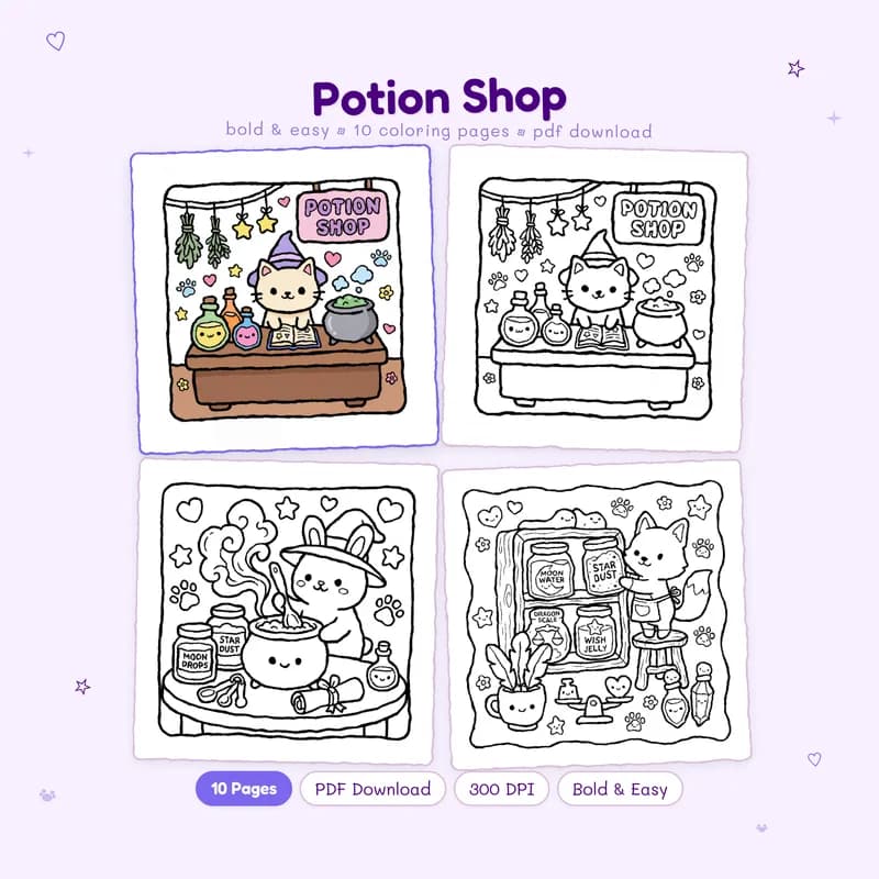 MiyoPages Potion Shop coloring book cover with one colored sample and three black and white previews