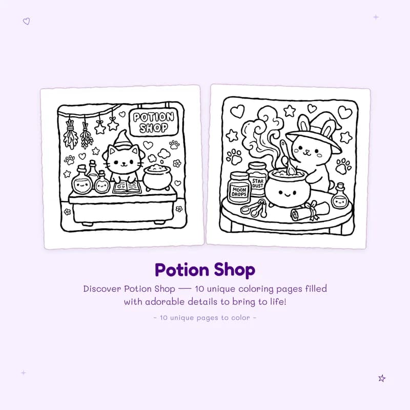 Fantasy Potion Shop coloring book pages with bold outlines and simple designs for easy coloring