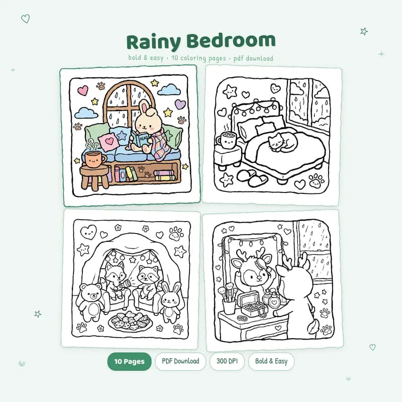 Rainy Bedroom coloring book by MiyoPages with cozy bedroom scenes and black and white coloring pages