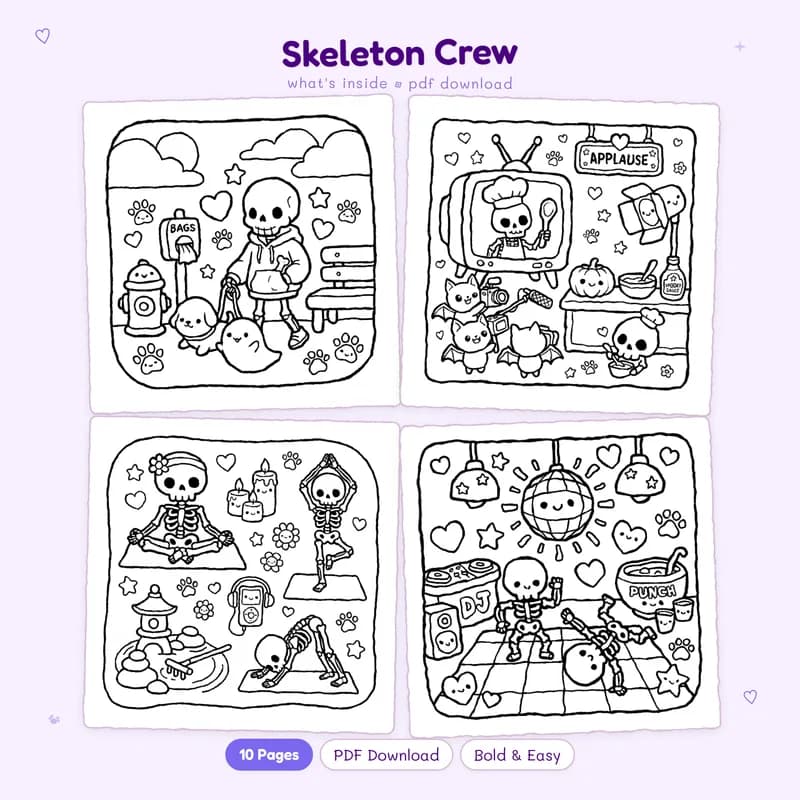 Four sample black and white Skeleton Crew coloring pages in a grid showing cute characters and spooky scenes