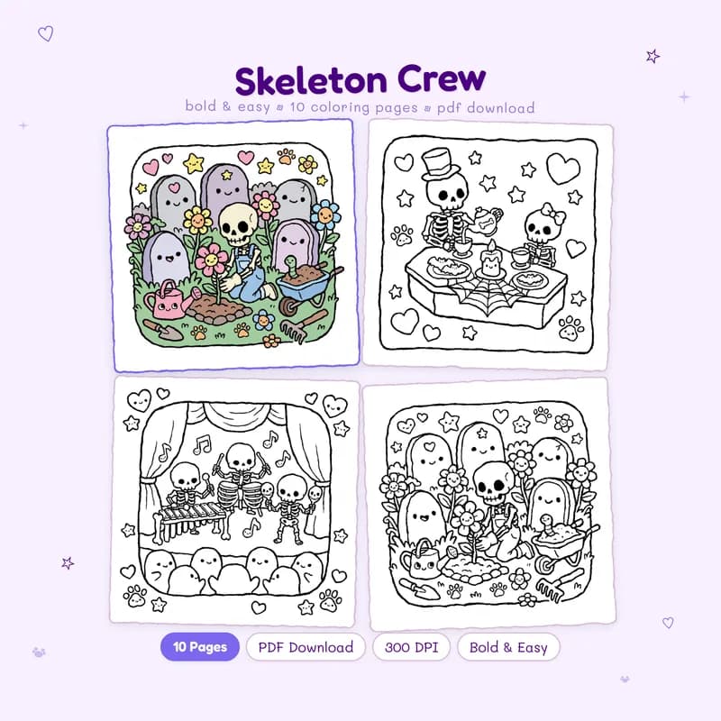 Skeleton Crew coloring book by MiyoPages featuring a cute skeleton cover with colored and black and white pages