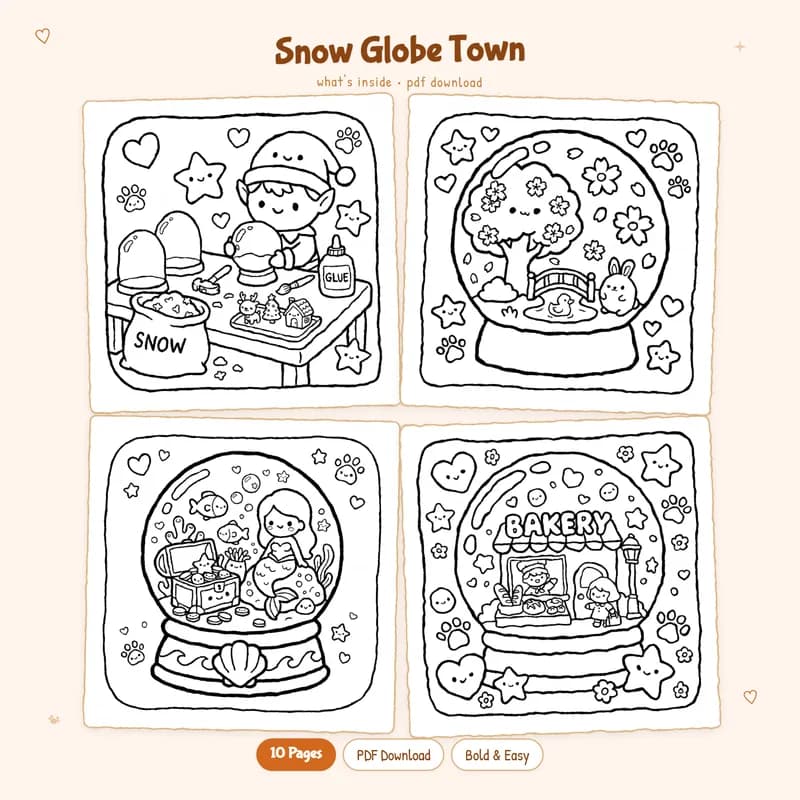 A 2x2 grid featuring four unique Snow Globe Town coloring pages with miniature houses and snowy winter landscapes