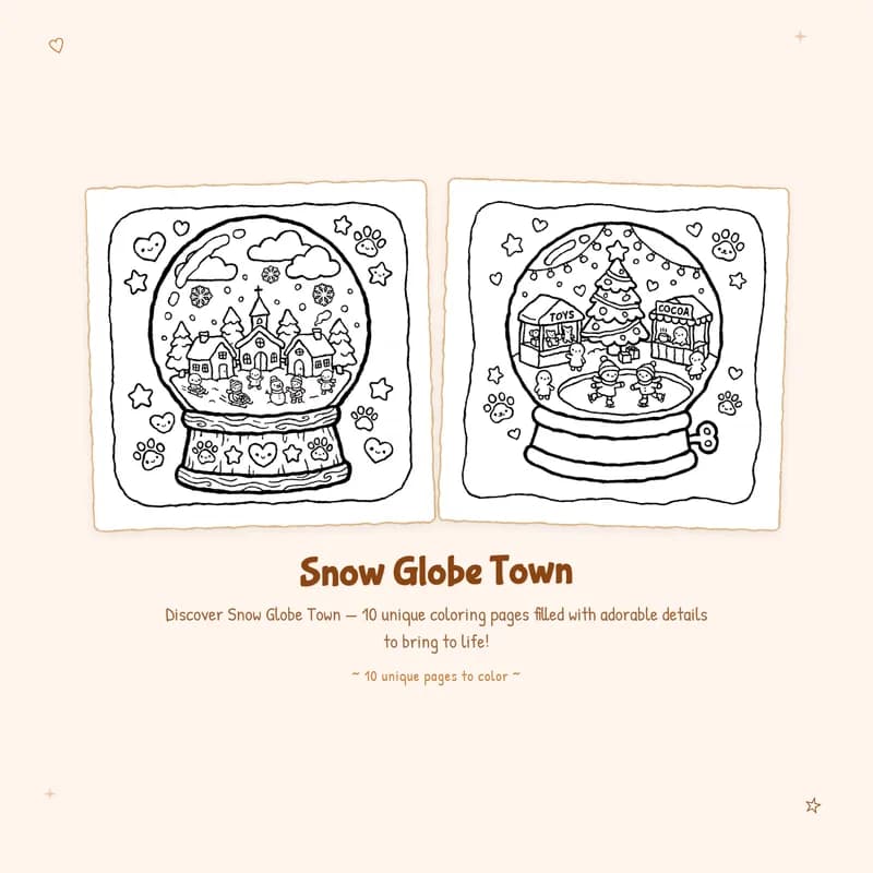 Snow Globe Town coloring book pages with bold outlines and simple designs for easy and relaxing creative fun