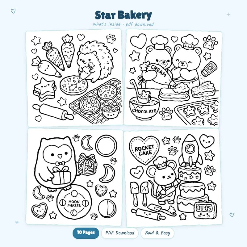 A 2x2 grid of four celestial Star Bakery coloring pages featuring cute treats in bold black and white outlines