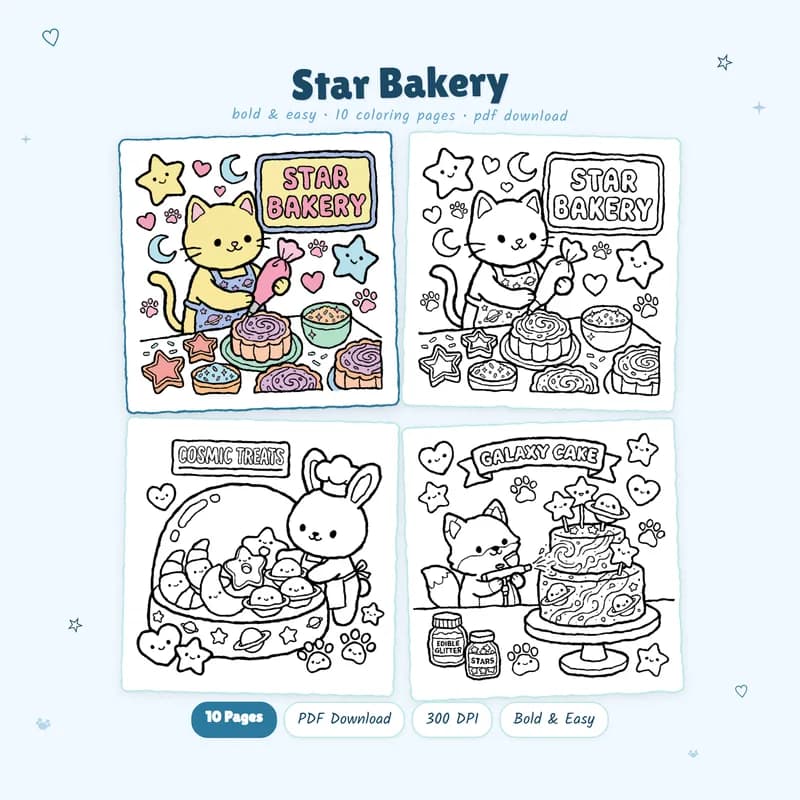 Star Bakery coloring book by MiyoPages featuring kawaii celestial treats and black and white coloring pages