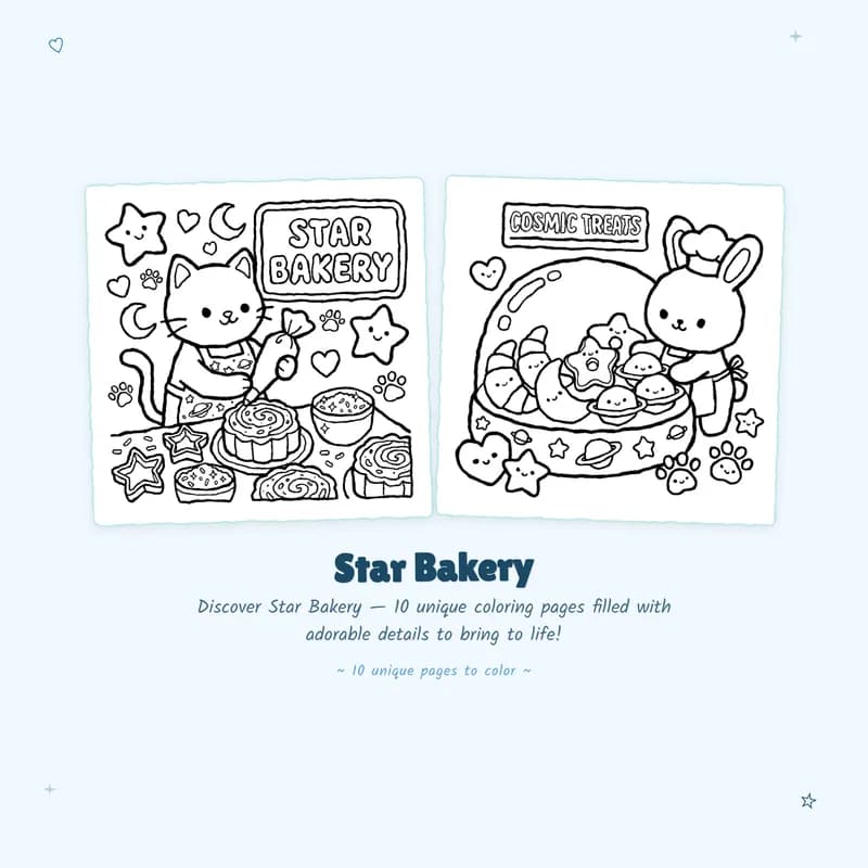 Kawaii Star Bakery coloring pages with easy designs and bold outlines for a relaxing celestial coloring experience