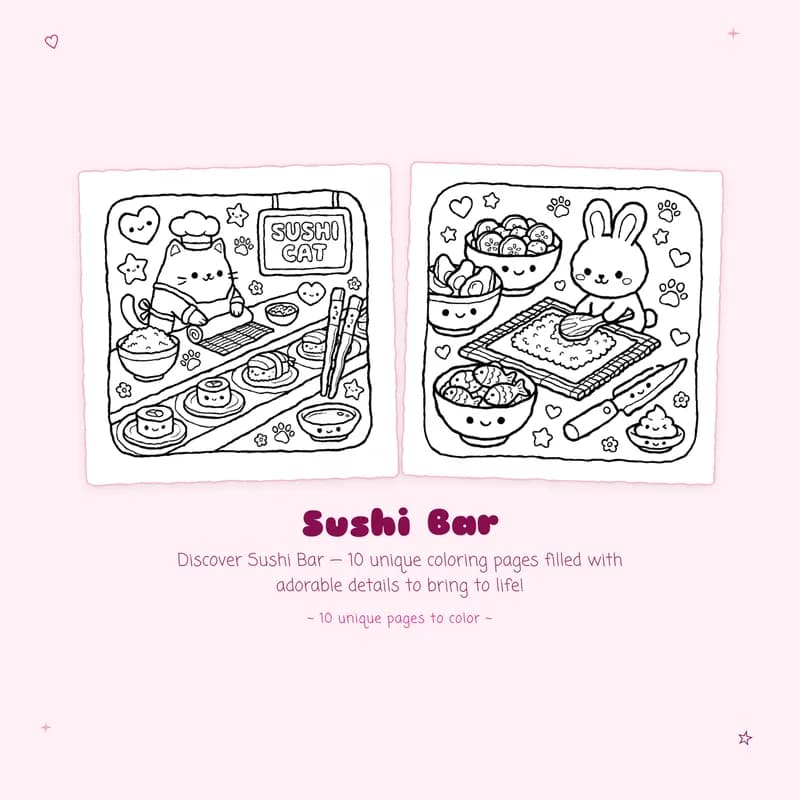 Detailed Sushi Bar coloring book pages showcasing bold outlines and easy designs for fun and relaxation