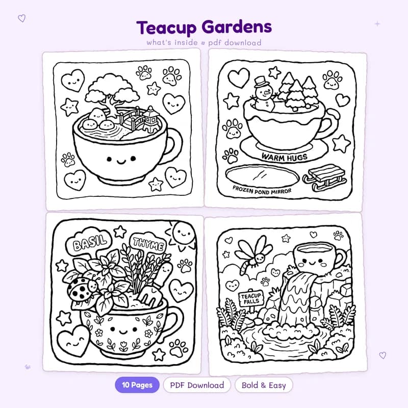 Four Teacup Gardens coloring pages in a grid showing miniature worlds inside cups and tiny floral garden scenes