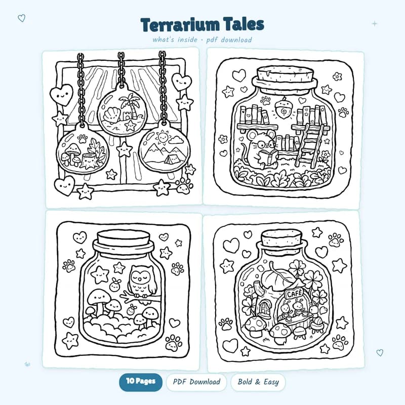Four Terrarium Tales coloring pages in a grid showing detailed miniature art and cute garden scenes