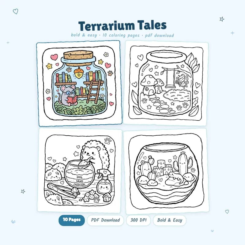 Terrarium Tales coloring book by MiyoPages featuring cute miniature worlds and black and white coloring pages