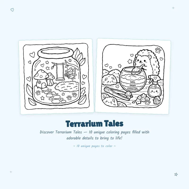 Bold outlines and easy designs in the Terrarium Tales coloring book perfect for relaxing miniature art lovers