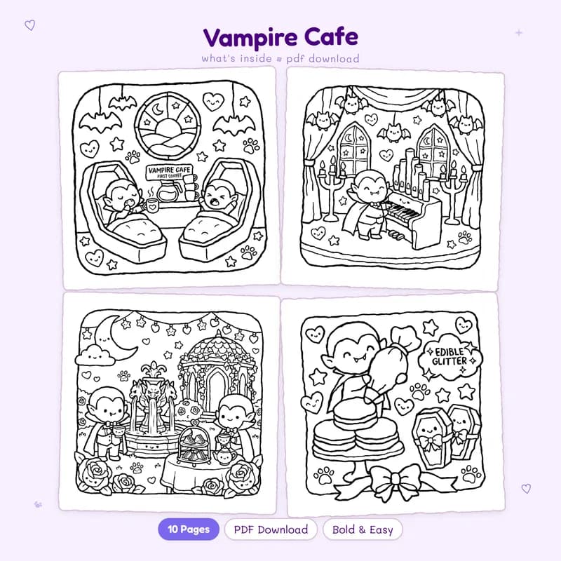 A four page grid of black and white Vampire Cafe coloring pages with cute bats and spooky treats for kids or adults
