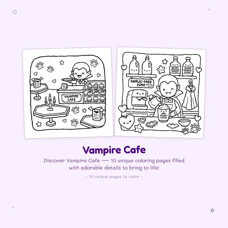 Vampire Cafe coloring book samples with bold outlines and easy designs perfect for markers or crayons