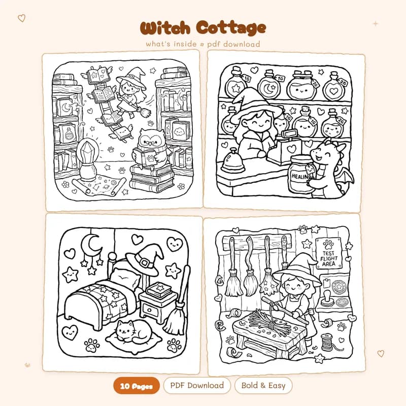 Four black and white Witch Cottage coloring pages in a grid layout featuring cute spooky cottage designs