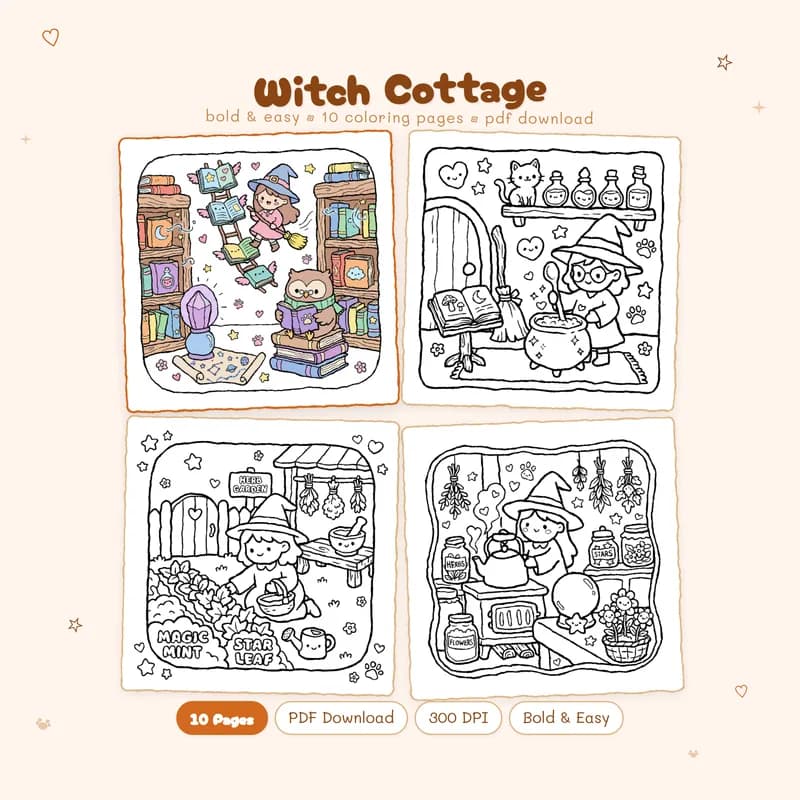 Witch Cottage coloring book by MiyoPages featuring a cute cover and black and white interior sample pages