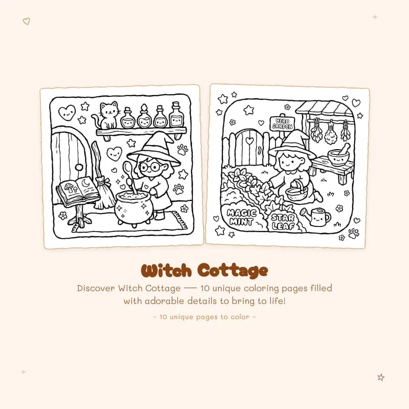 Bold outlines and easy Witch Cottage coloring book designs perfect for relaxation and simple creative fun