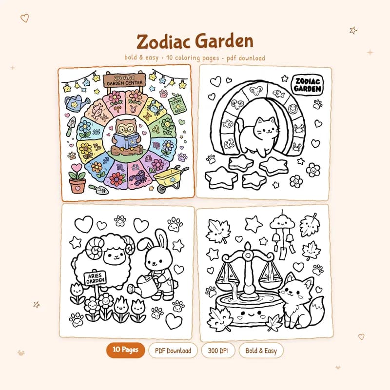 Zodiac Garden coloring book by MiyoPages showing a celestial cover and black and white interior sample pages