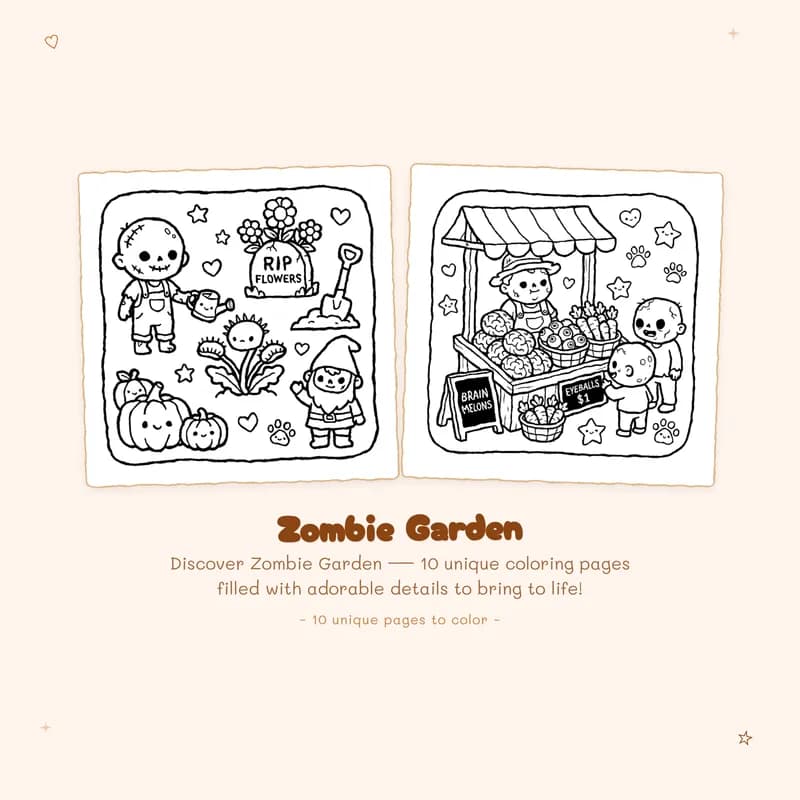 Zombie Garden coloring pages with bold outlines and simple designs perfect for a fun spooky cute halloween gift