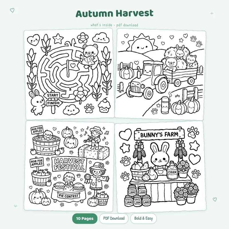 Four black and white Autumn Harvest coloring pages in a grid showing cute nature and garden themed designs