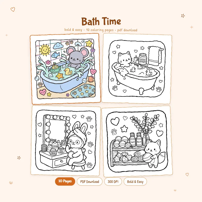 Bath Time coloring book by MiyoPages with a cute colored cover and digital download black and white coloring pages