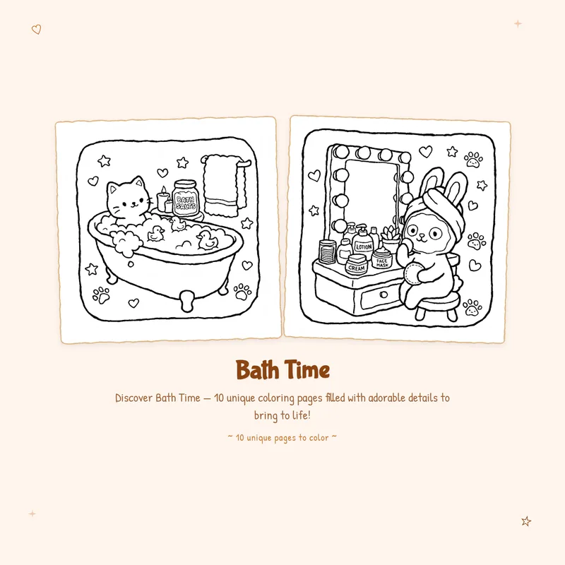 Bold outlines and easy designs on these Bath Time coloring pages for a relaxing and cozy coloring book activity