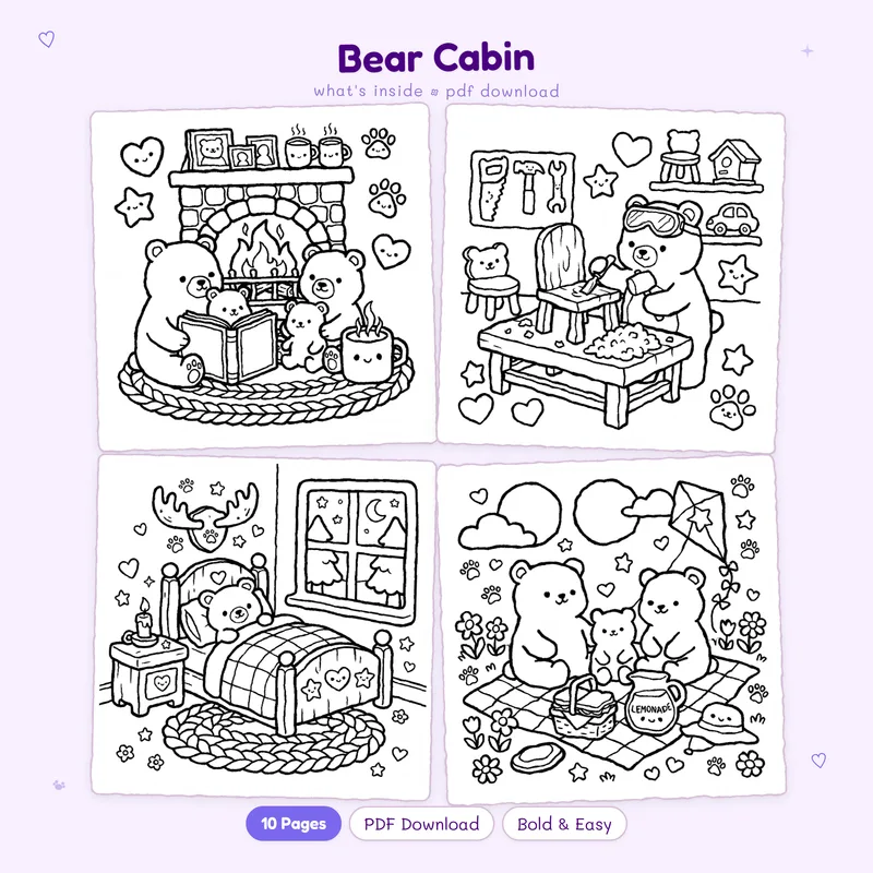 A four page preview grid of Bear Cabin coloring pages featuring cute forest animals and cozy cabin scenes