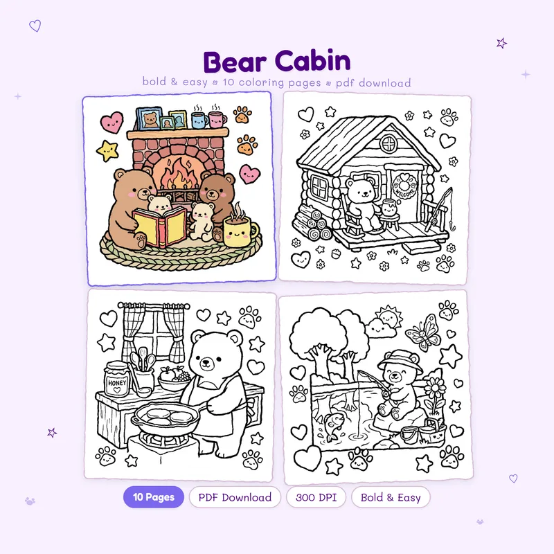 MiyoPages Bear Cabin coloring book cover with one colored sample and three black and white line art pages