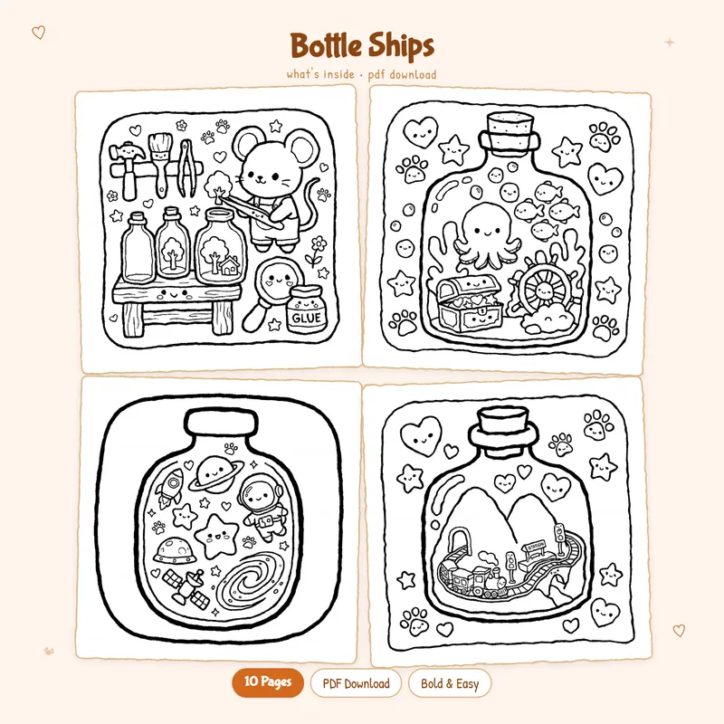 A 2x2 grid showcasing four miniature art Bottle Ships coloring pages with simple and cute nautical designs