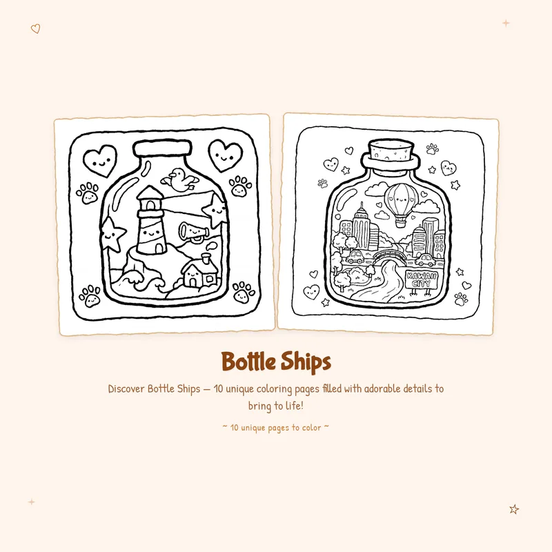 Cute Bottle Ships coloring book pages with bold outlines and easy designs perfect for relaxing and creative fun