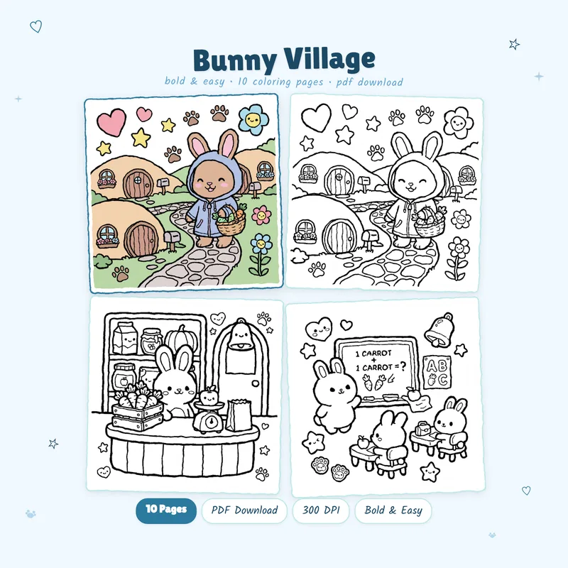 Bunny Village coloring book by MiyoPages showing cute cover and black and white animal life coloring pages to download