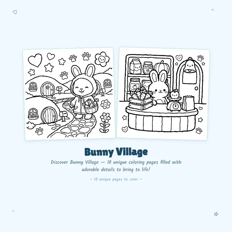 Cute Bunny Village coloring pages with bold outlines and easy designs perfect for relaxing animal life art