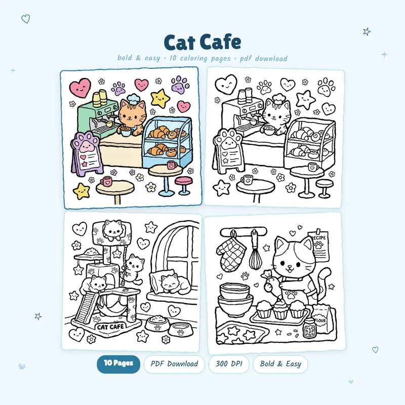 Cat Cafe coloring book cover by MiyoPages with one colored sample page and three black and white previews