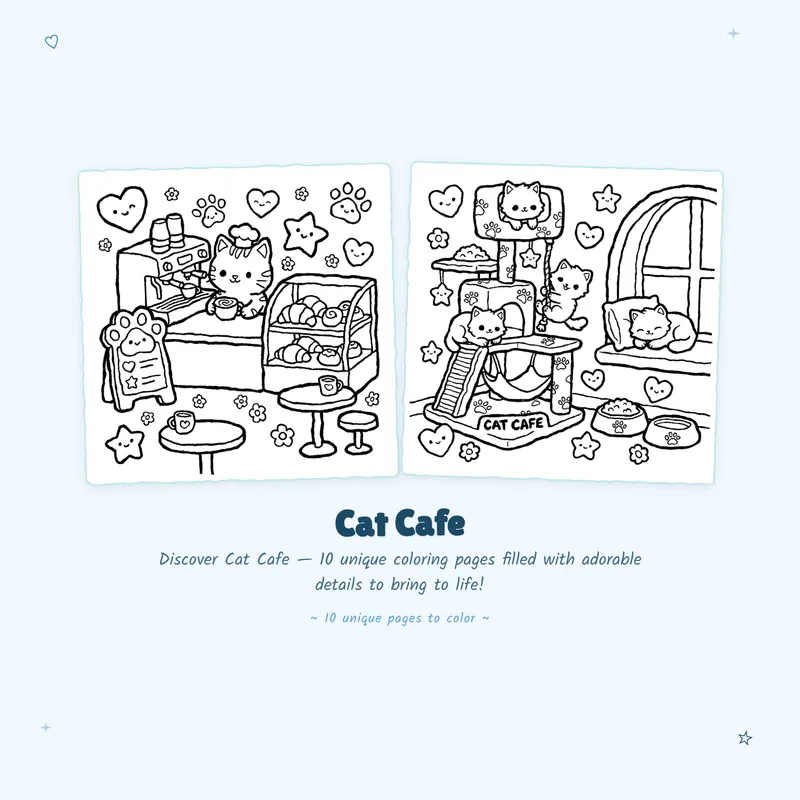 Sample cat cafe coloring book pages highlighting bold outlines and easy designs for a relaxing experience