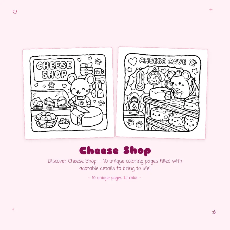 Simple Cheese Shop coloring book pages with bold outlines and easy designs for kids and adults