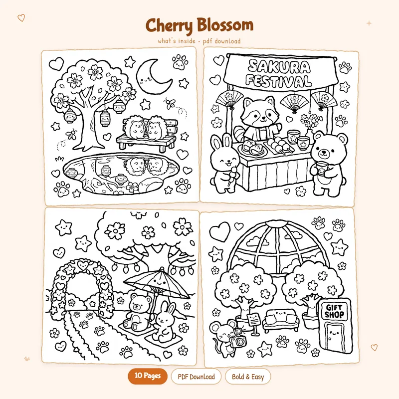 Four black and white Cherry Blossom coloring pages for a plant lover in a cute grid layout