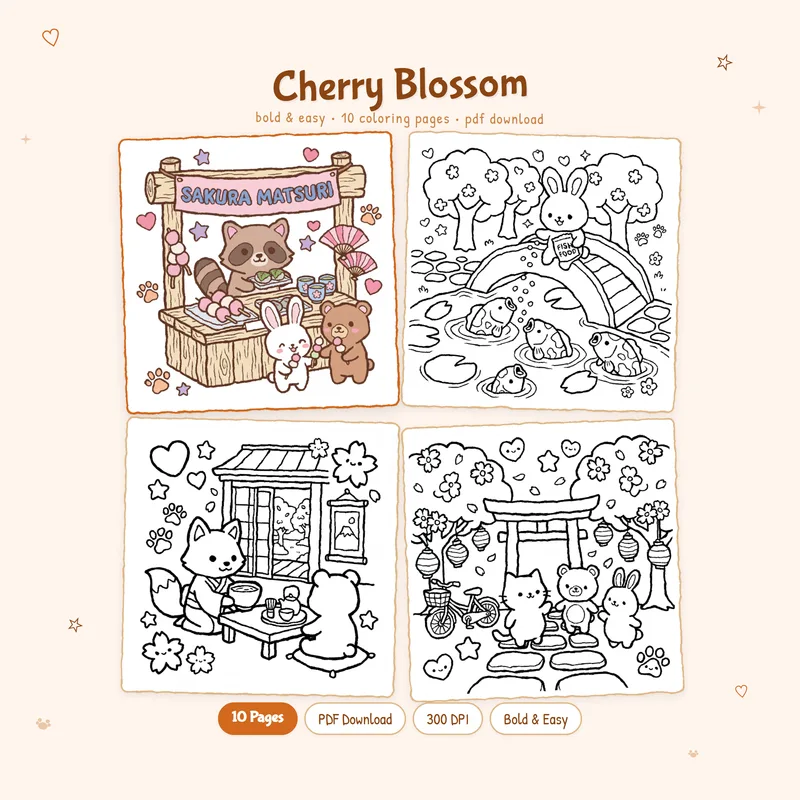 Cherry Blossom coloring book by MiyoPages with cute cover and four floral coloring pages