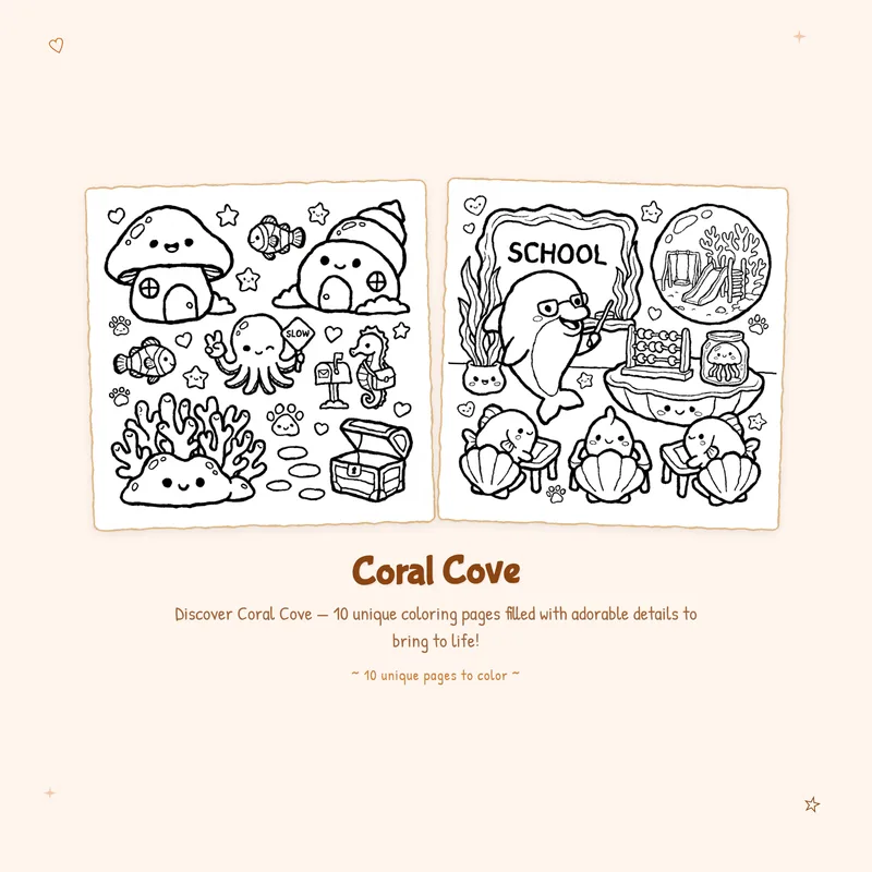 Coral Cove coloring book pages with bold outlines and easy designs for a simple relaxing creative experience