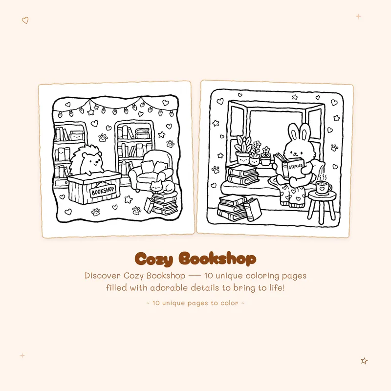 Cozy Bookshop coloring book pages with bold outlines and easy designs for a relaxing coloring experience