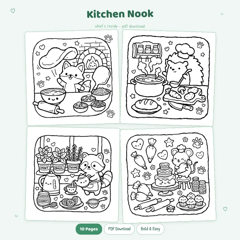 A set of four black and white Kitchen Nook coloring pages showing cozy kitchens and cute cafe scenes