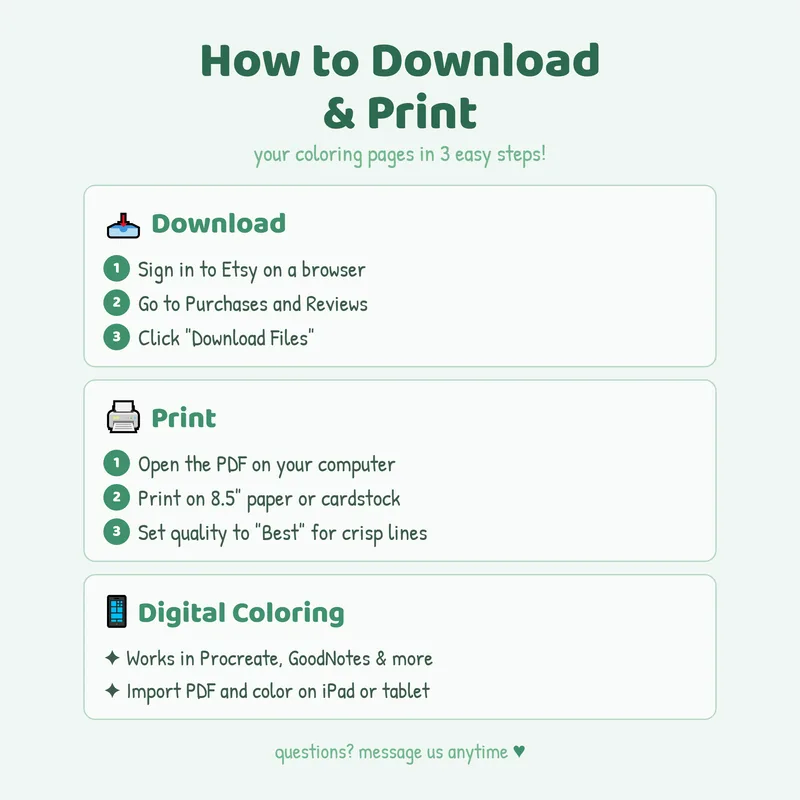 How to download and print your digital Kitchen Nook coloring book pages from MiyoPages on Etsy