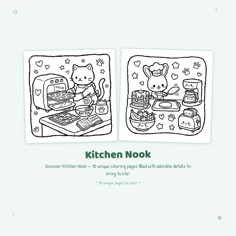 Bold outlines on these easy Kitchen Nook coloring pages are perfect for a simple and relaxing coloring book