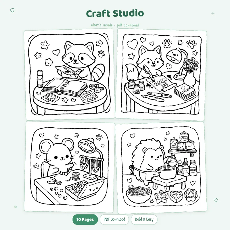 A four page grid of Craft Studio coloring pages showing black and white cozy craft room illustrations